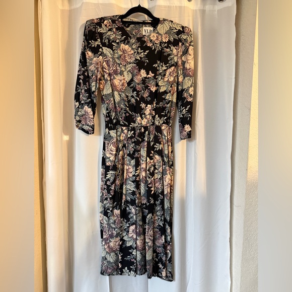 Vintage 90s Floral Midi Dress Union Made USA Size 8 Shoulder Pads - Picture 3 of 15